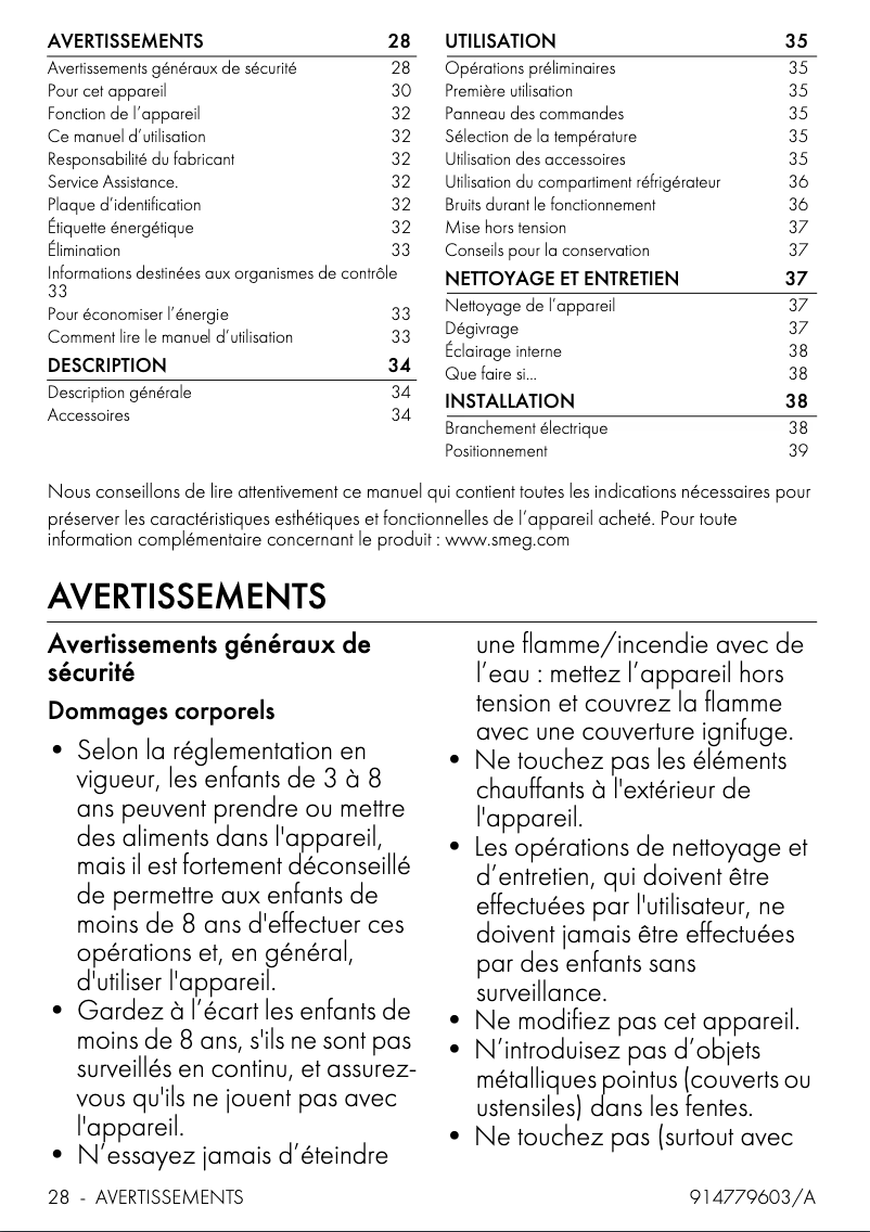 Page 1 de la notice Manuel utilisateur Smeg FAB10HRPK5