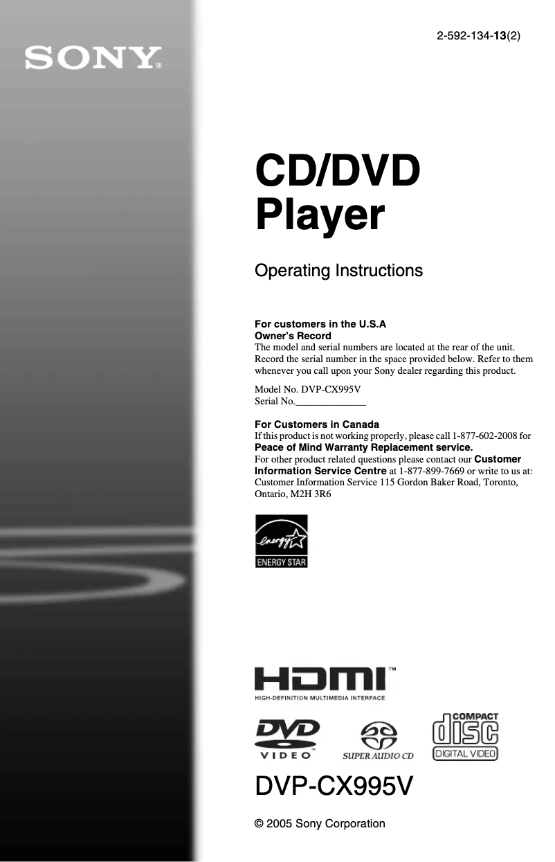 Image de la première page du manuel de l'appareil DVP-CX995V