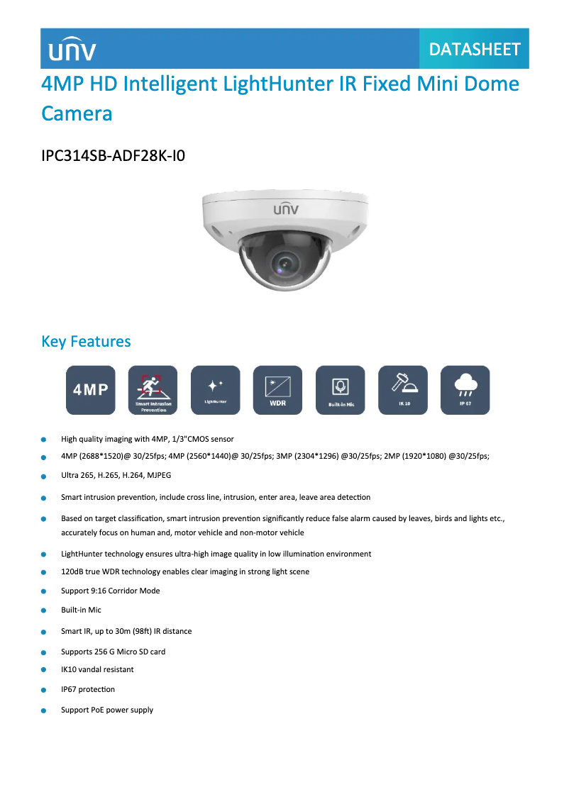 Page 1 de la notice Fiche technique UniView IPC314SB-ADF28K-I0