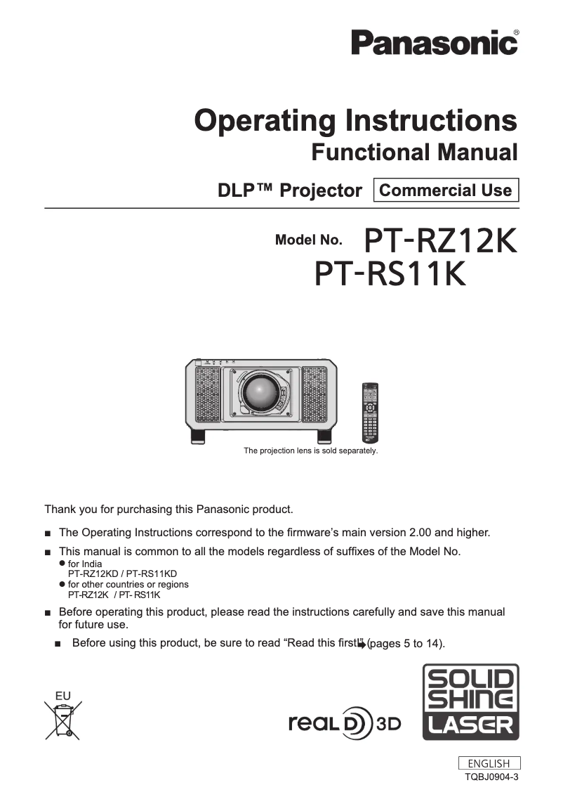 Page n°1 - Manuel utilisateur Panasonic PT-RZ12K