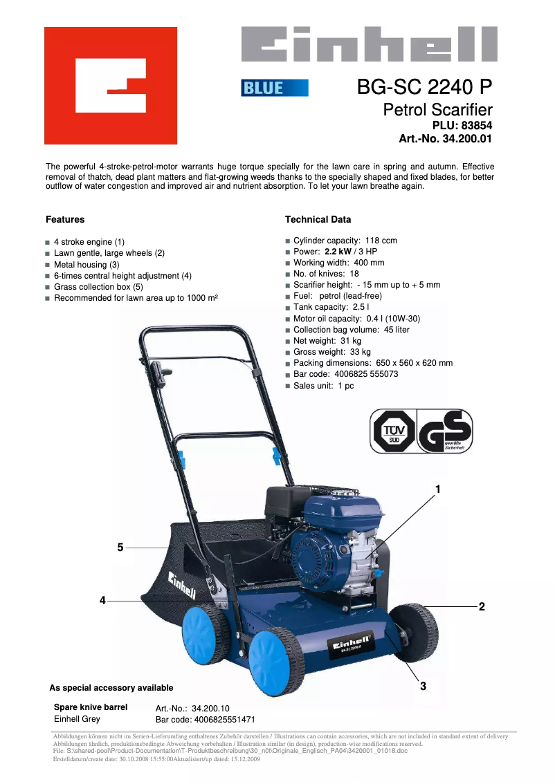 Page n°1 - Fiche technique Einhell BG-SC 2240 P