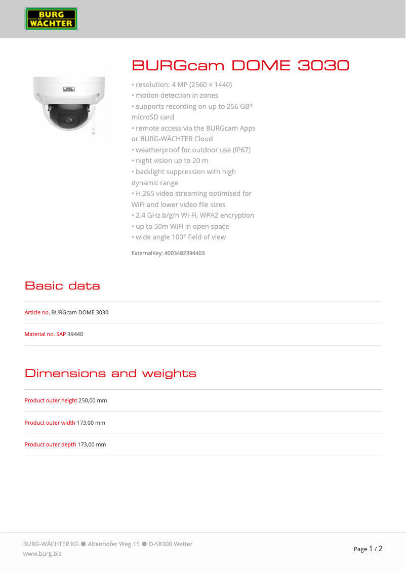 Page 1 de la notice Fiche technique Burg Wächter BURGcam DOME 3030