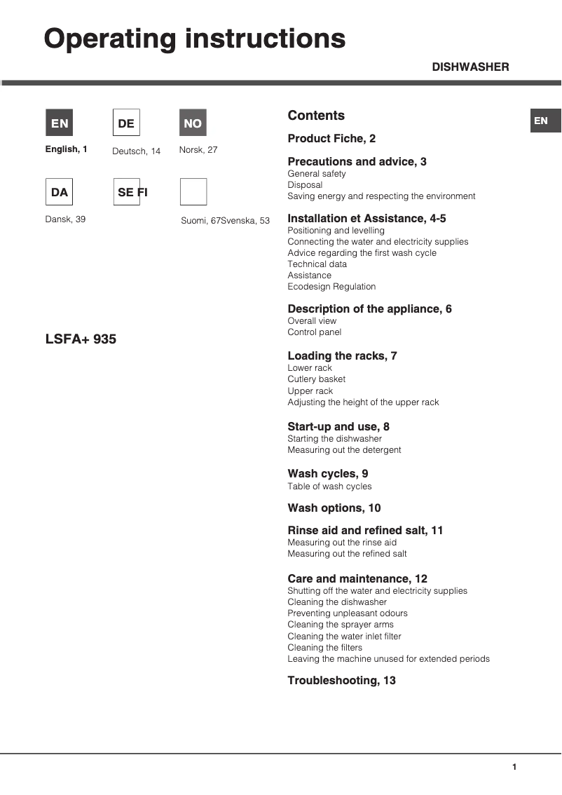 Image de la première page du manuel de l'appareil LSFA+ 935 SK