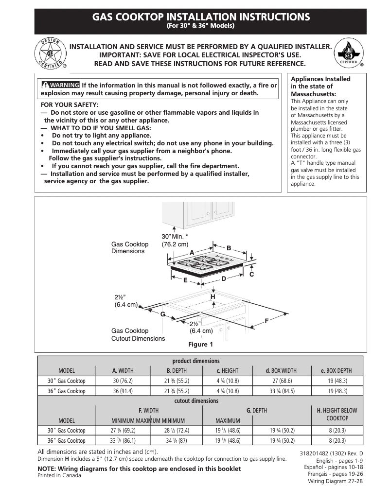 Page 1 de la notice Guide d'installation Frigidaire FGGC3065KS