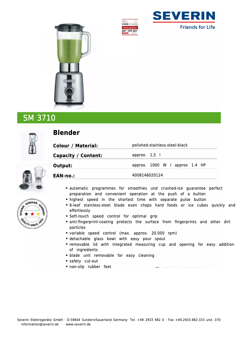 Page n°1 - Fiche technique Severin SM 3710