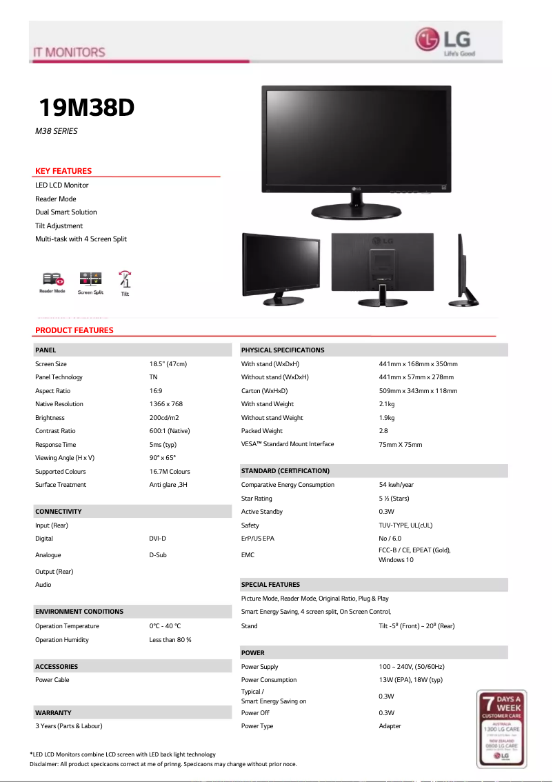 Page 1 de la notice Fiche technique LG 19M38D-B