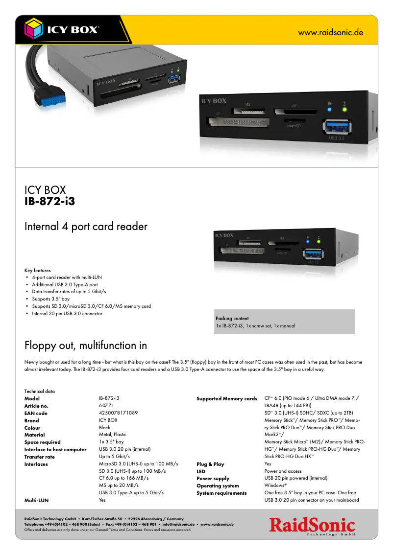 Page 1 de la notice Fiche technique Icy Box IB-872-i3