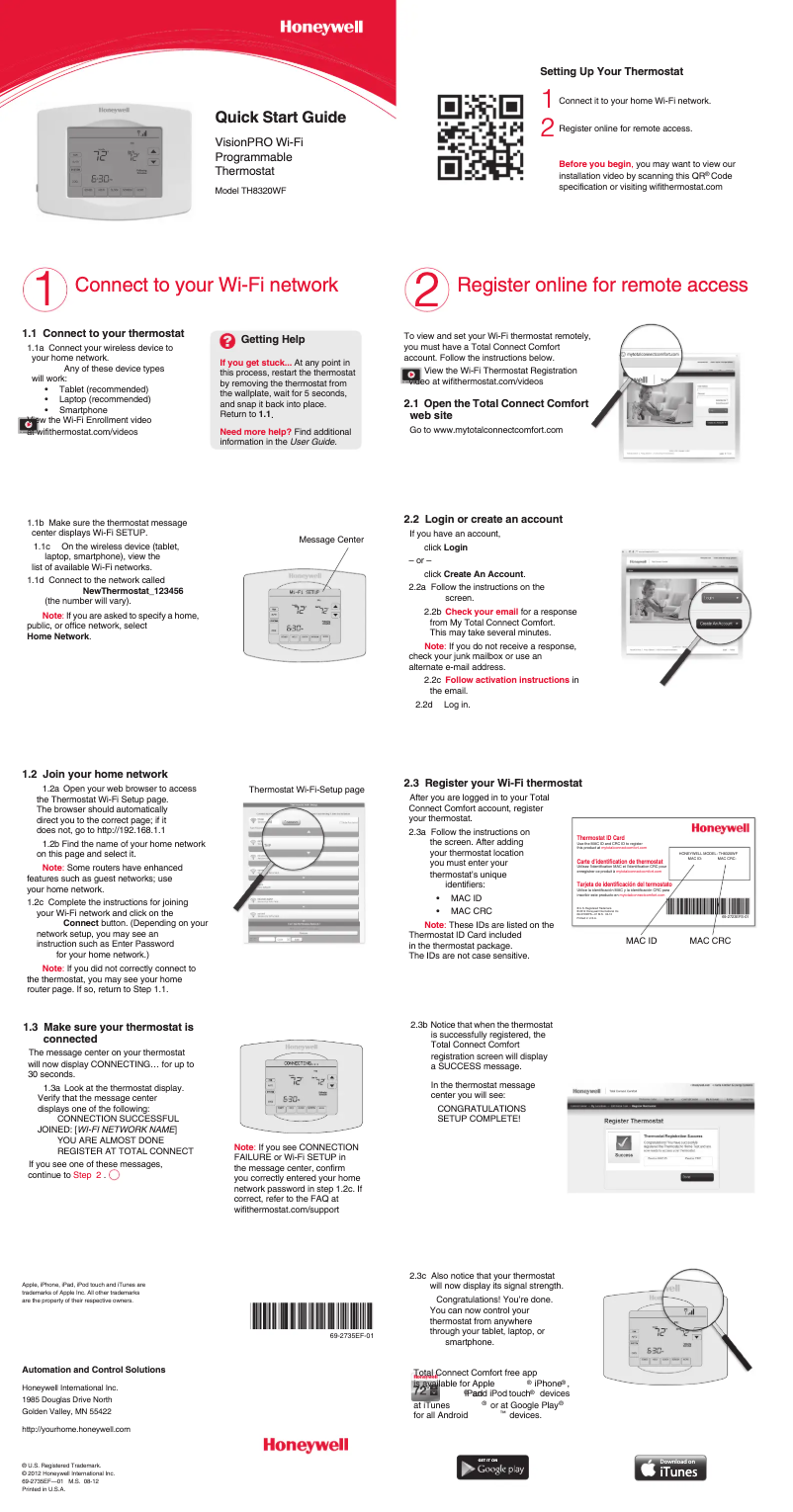 Page 1 de la notice Manuel utilisateur Honeywell VisionPRO Wi-Fi TH8320