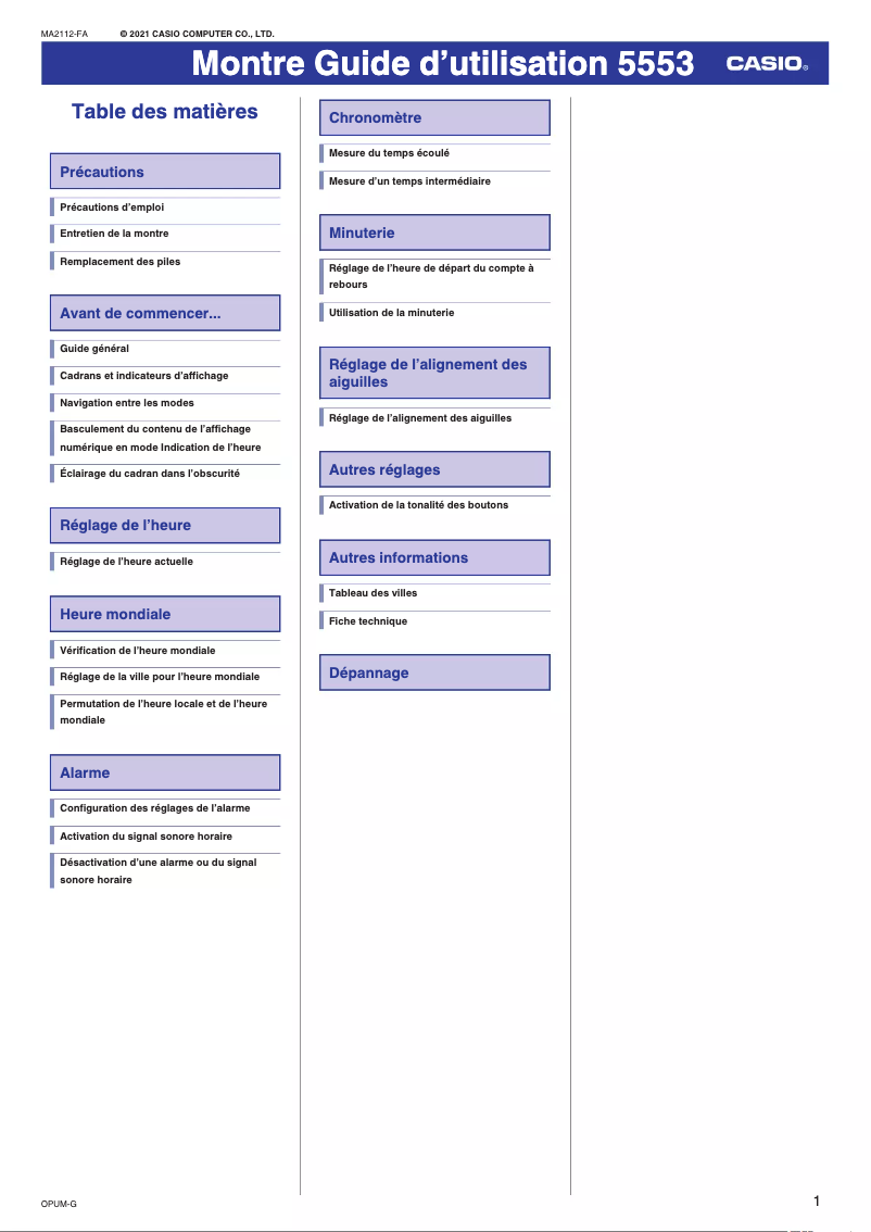 Page 1 de la notice Manuel utilisateur Casio G-Shock GM-110