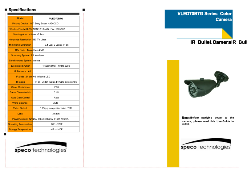 Page 1 de la notice Manuel utilisateur Speco Technologies VLED70B7G