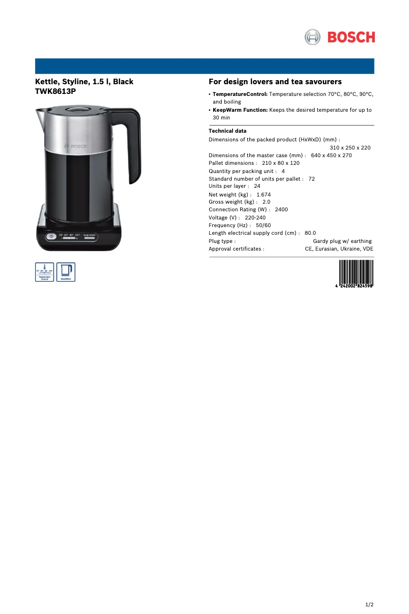 Page 1 de la notice Fiche technique Bosch TWK8613P