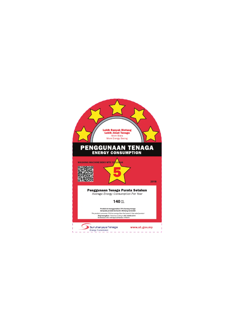 Page 1 de la notice Label énergétique Beko WTE 7512 XA0A