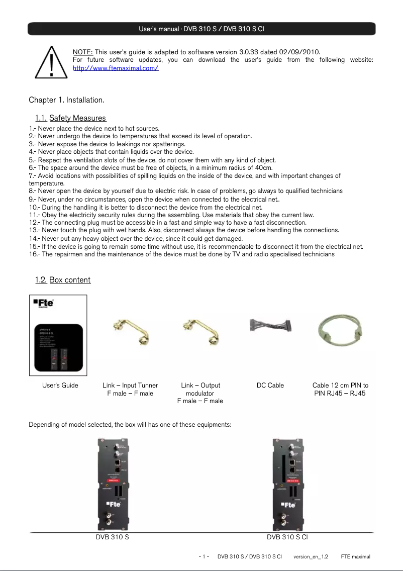 Page 1 de la notice Manuel utilisateur Fte maximal DVB 310 S CI