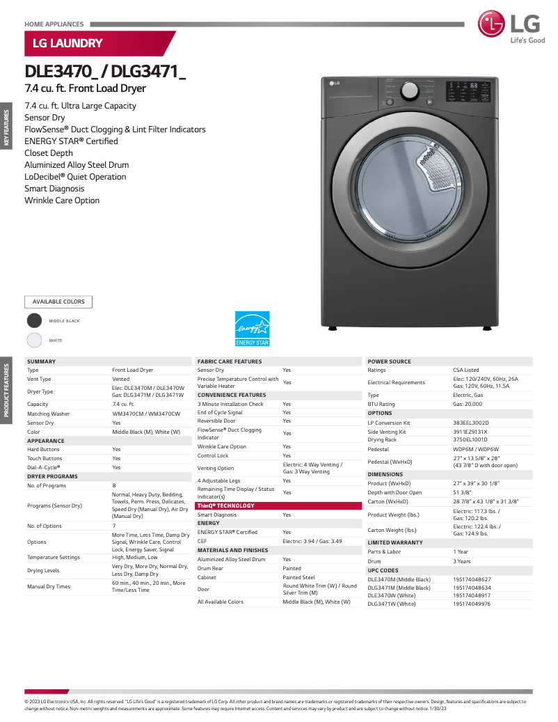 Página 1 del manual Ficha técnica LG DLE3470W