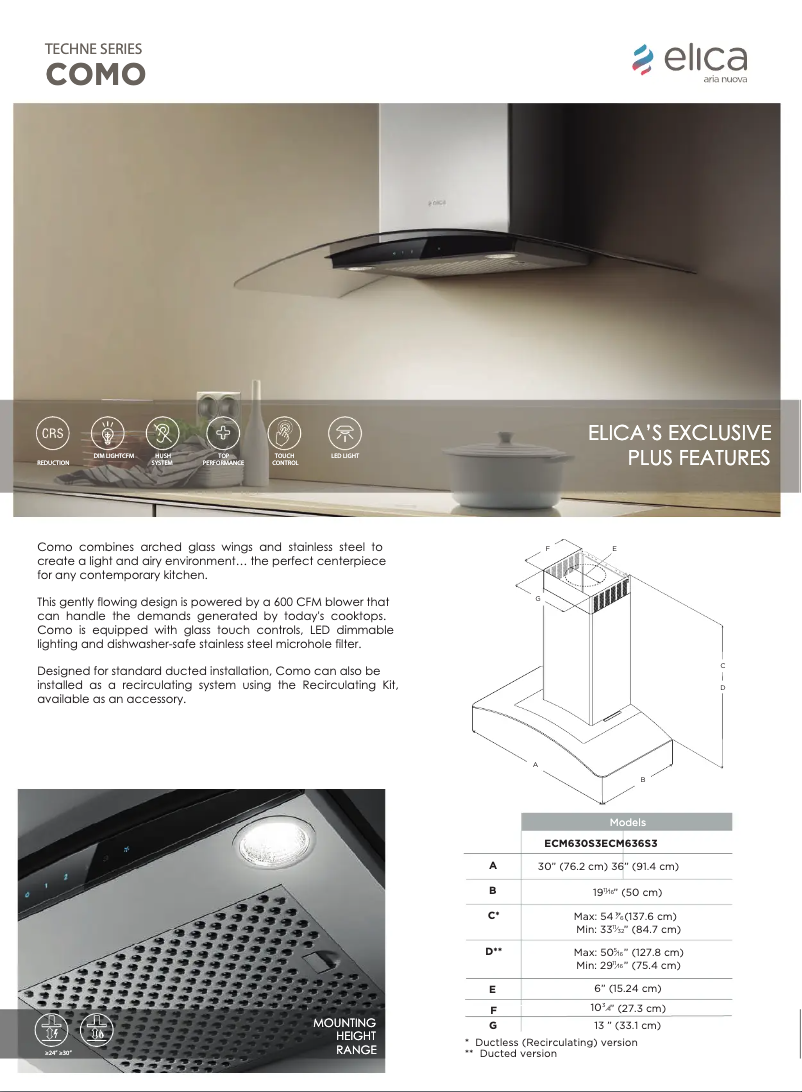 Page 1 de la notice Fiche technique Elica Como ECM630S3