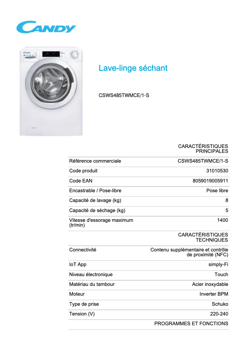 Page 1 de la notice Fiche technique Candy CSWS485TWMCE/1-S