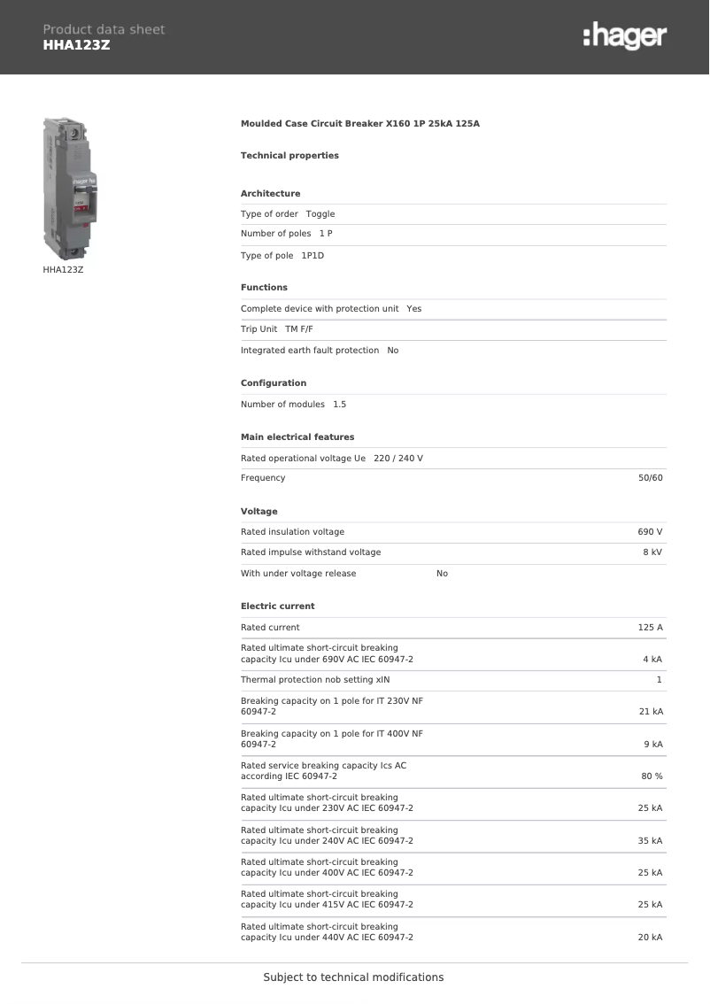 Page 1 de la notice Fiche technique Hager HHA123Z
