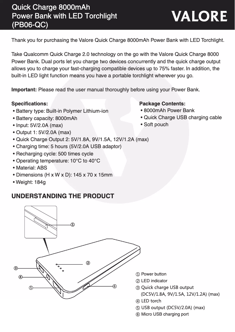 Page 1 de la notice Manuel utilisateur Valore PB06-QC