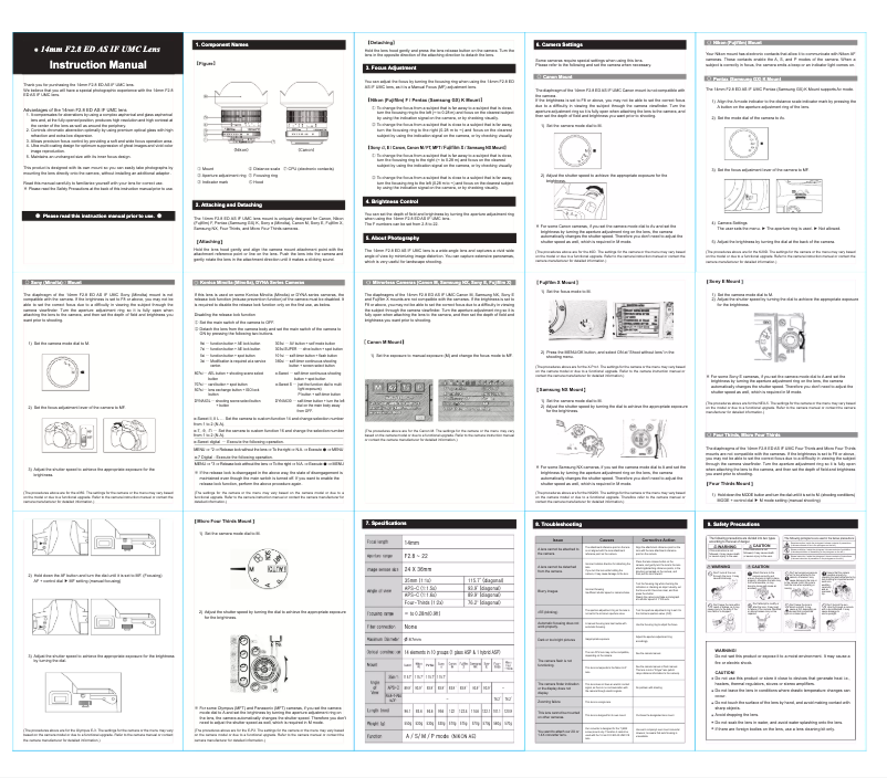 Page 1 de la notice Manuel utilisateur Samyang 14mm f/2.8 AF Nikon F