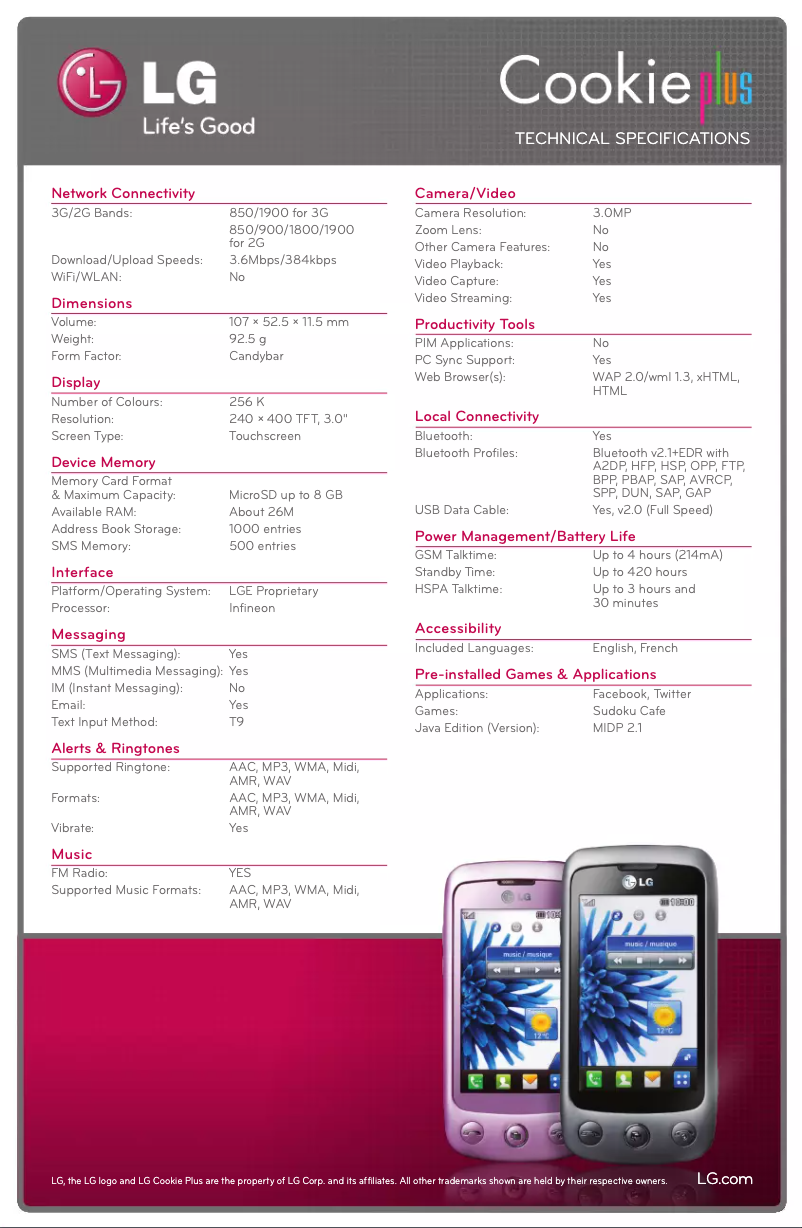 Page 1 de la notice Fiche technique LG GS500