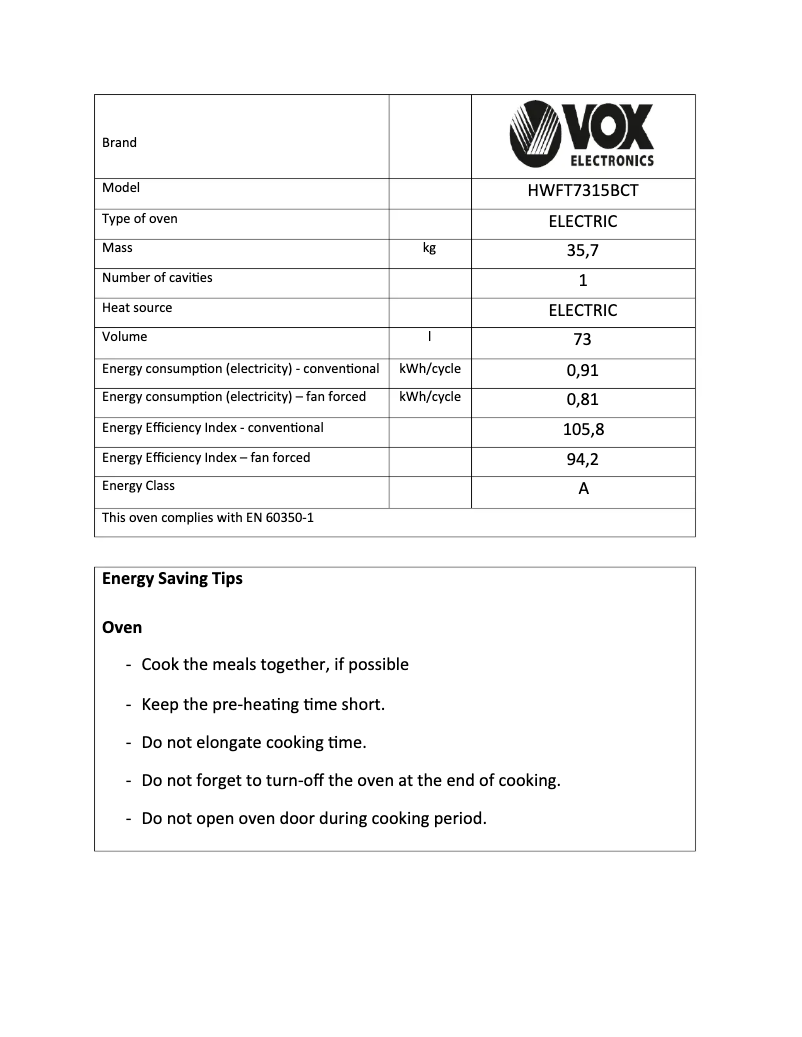 Page 1 de la notice Fiche technique VOX HWFT7315BCT