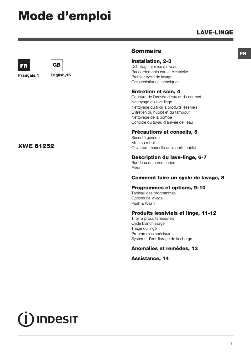Página 1 del manual Manual de usuario Indesit XWE 61252