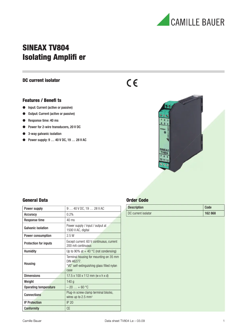 Page n°1 - Fiche technique Gossen Metrawatt SINEAX TV804