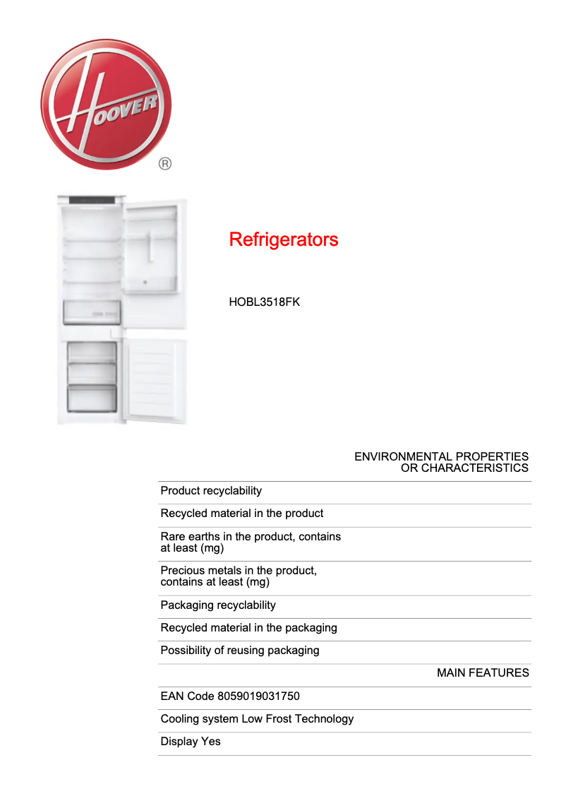 Page 1 of the manual Technical Sheet Hoover HOBL3518FK
