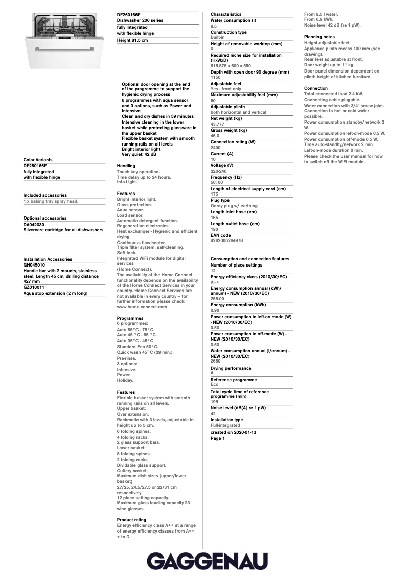 Page 1 de la notice Fiche technique Gaggenau DF260166F