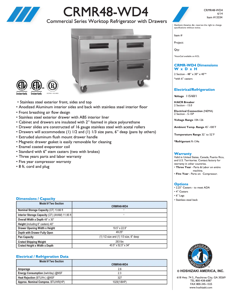 Página 1 del manual Ficha técnica Hoshizaki CRMR48-WD4