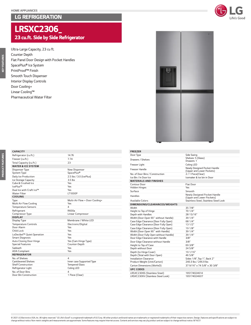 Page 1 de la notice Fiche technique LG LRSXC2306V