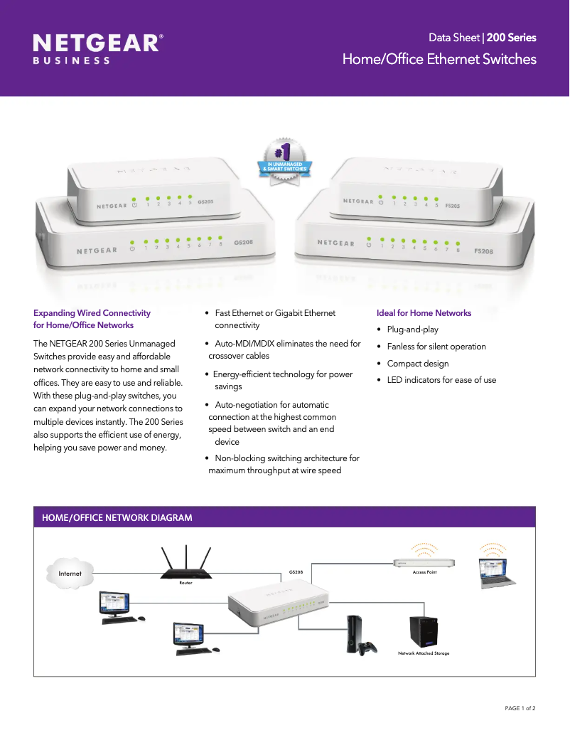 Page 1 de la notice Fiche technique Netgear FS308v2