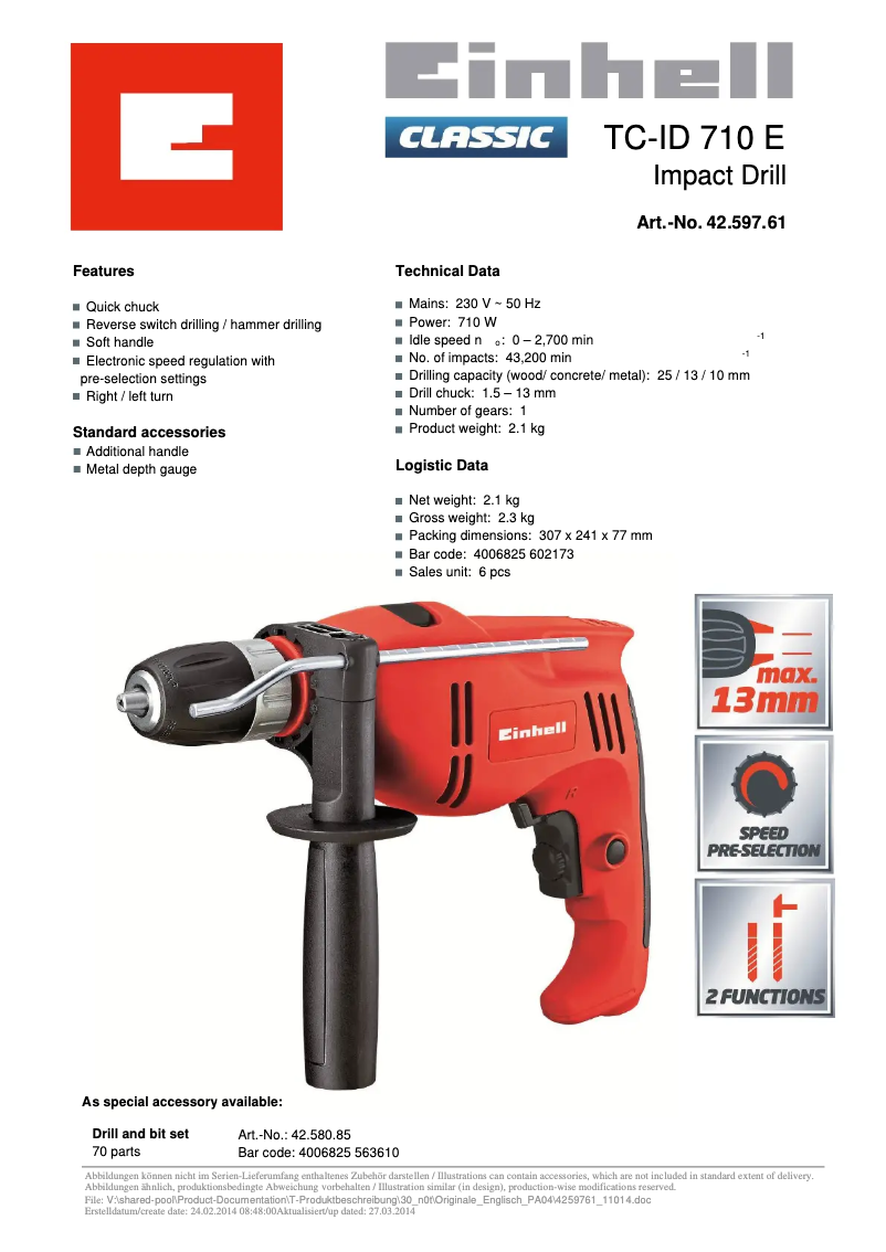 Page 1 de la notice Fiche technique Einhell TC-ID 710 E