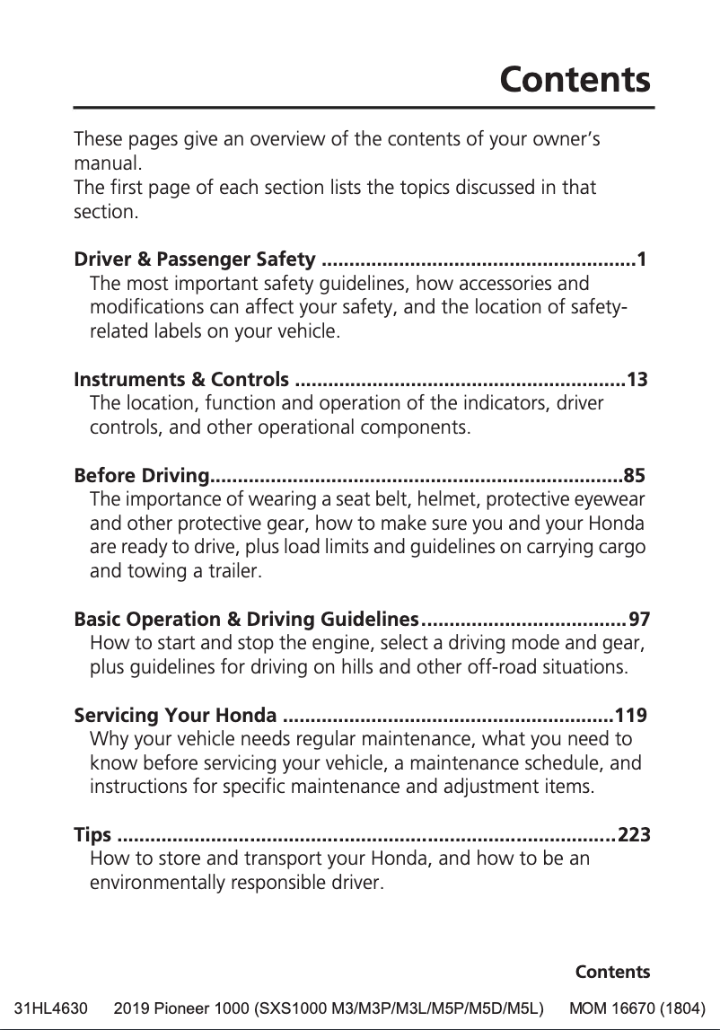 Page 1 de la notice Manuel utilisateur Honda Pioneer 1000 (2019)