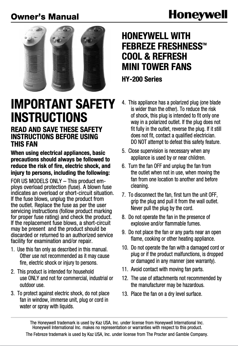 Page 1 de la notice Manuel utilisateur Honeywell Febreze Freshness HY-204