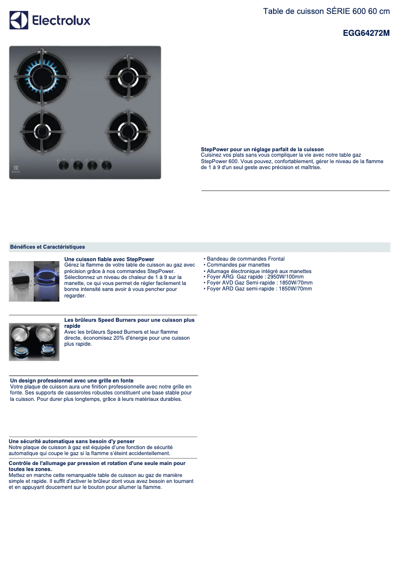 Page 1 de la notice Fiche technique Electrolux EGG64272M