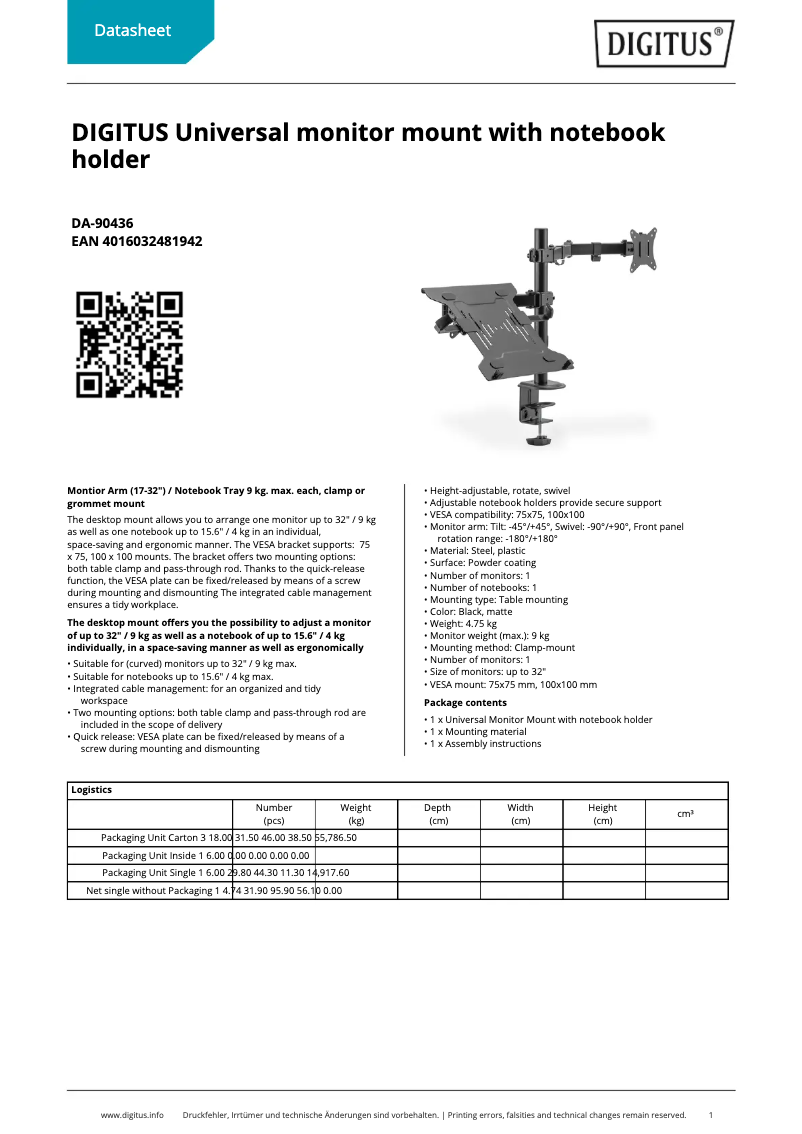 Page 1 de la notice Fiche technique Digitus DA-90436