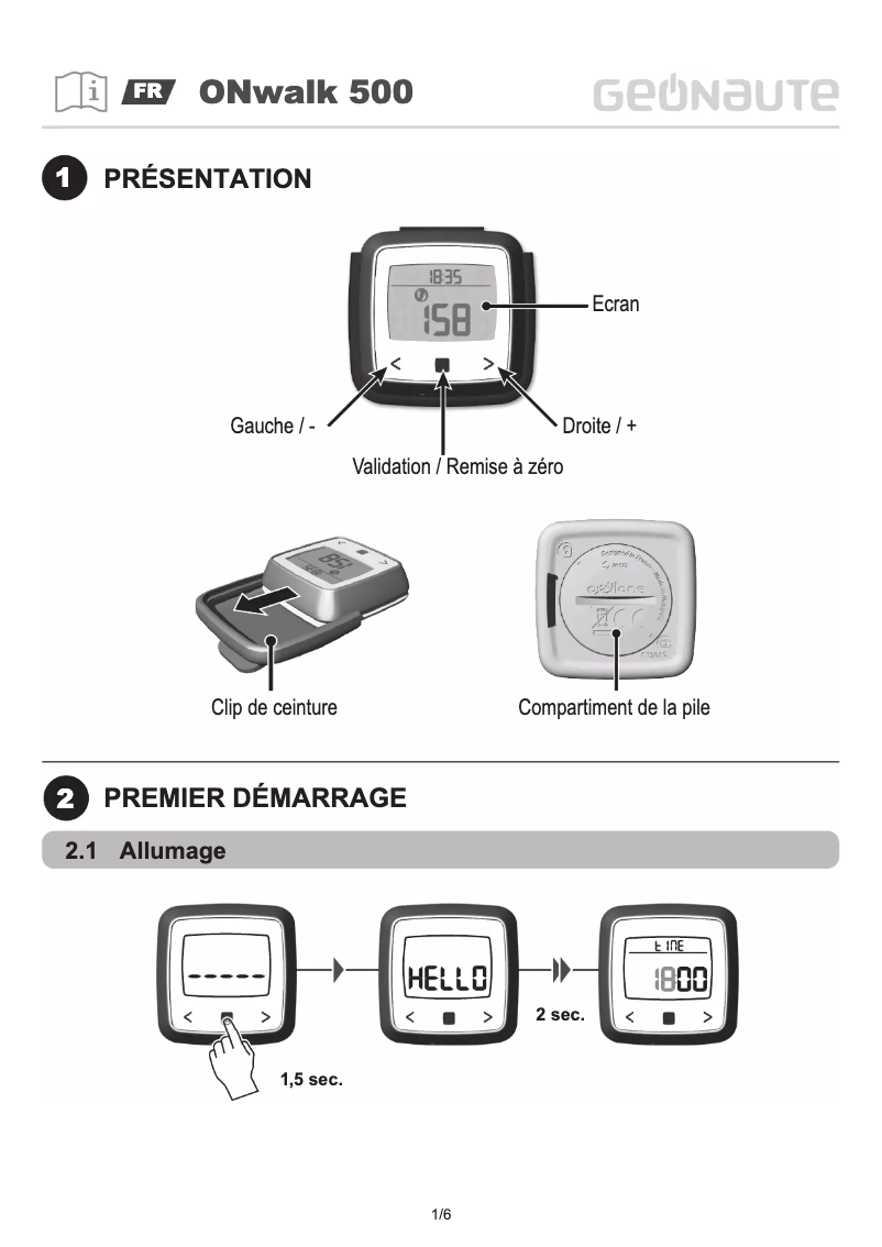 Page n°1 - Manuel utilisateur Geonaute ONwalk 500