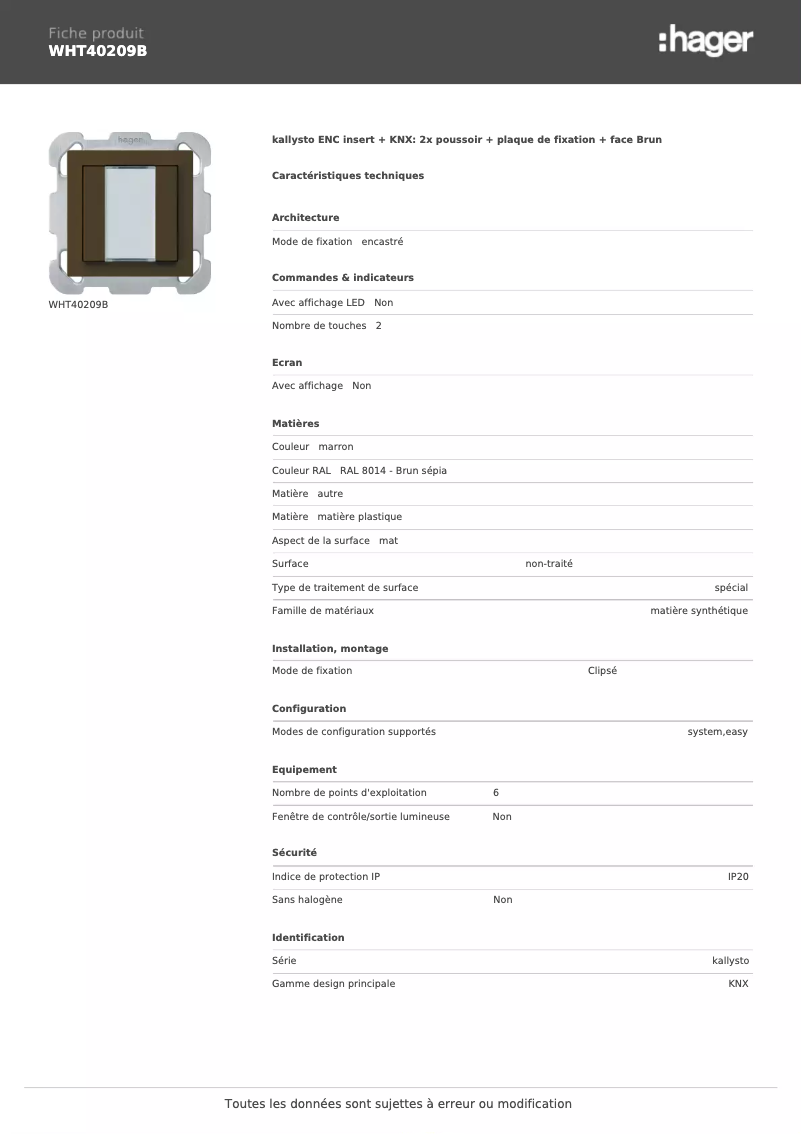 Page 1 de la notice Fiche technique Hager WHT40209B