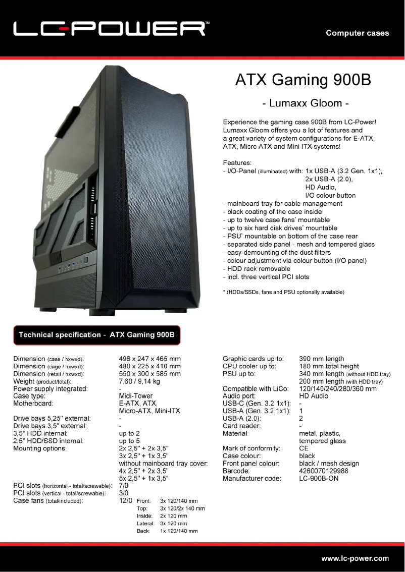 Page 1 de la notice Fiche technique LC-Power Gaming 900B