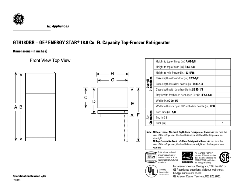 Página 1 del manual Ficha técnica GE GTH18DBRLWW