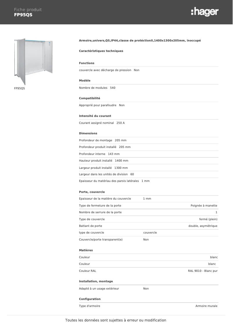 Page 1 de la notice Manuel utilisateur Hager FP95QS