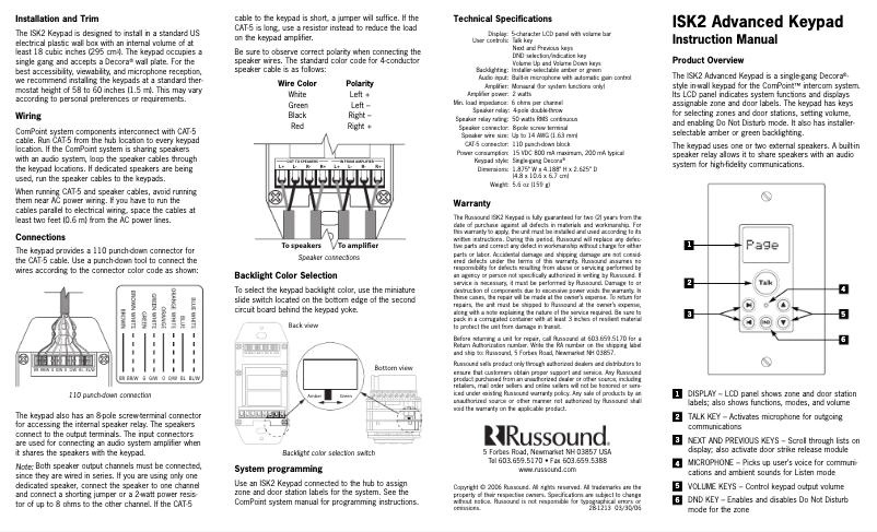 Page n°1 - Manuel utilisateur Russound ISK2