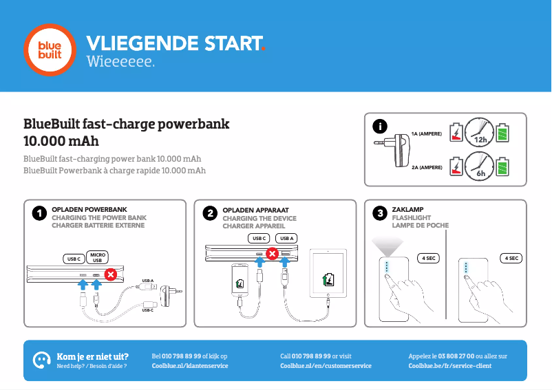 Page 1 de la notice Manuel utilisateur BlueBuilt fast-charge powerbank 10.000 mAh