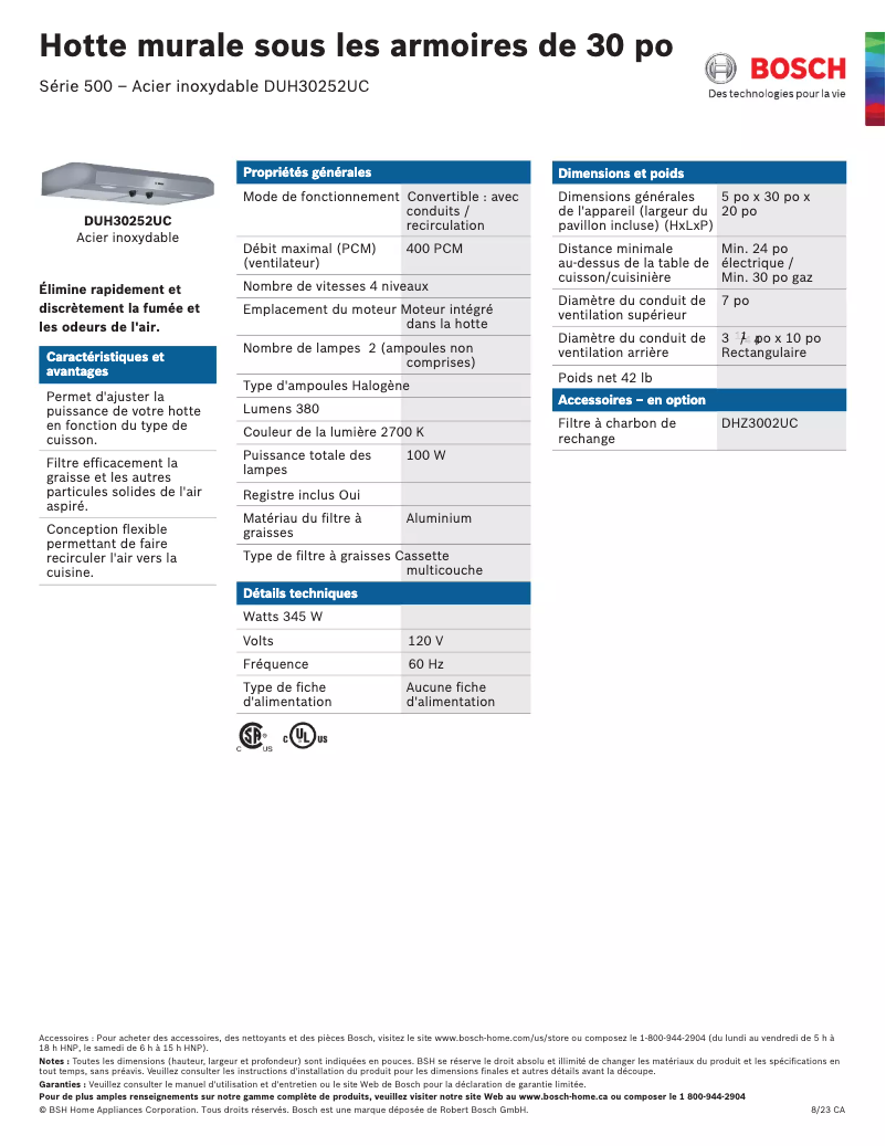 Page 1 of the manual Technical Sheet Bosch DUH30252UC