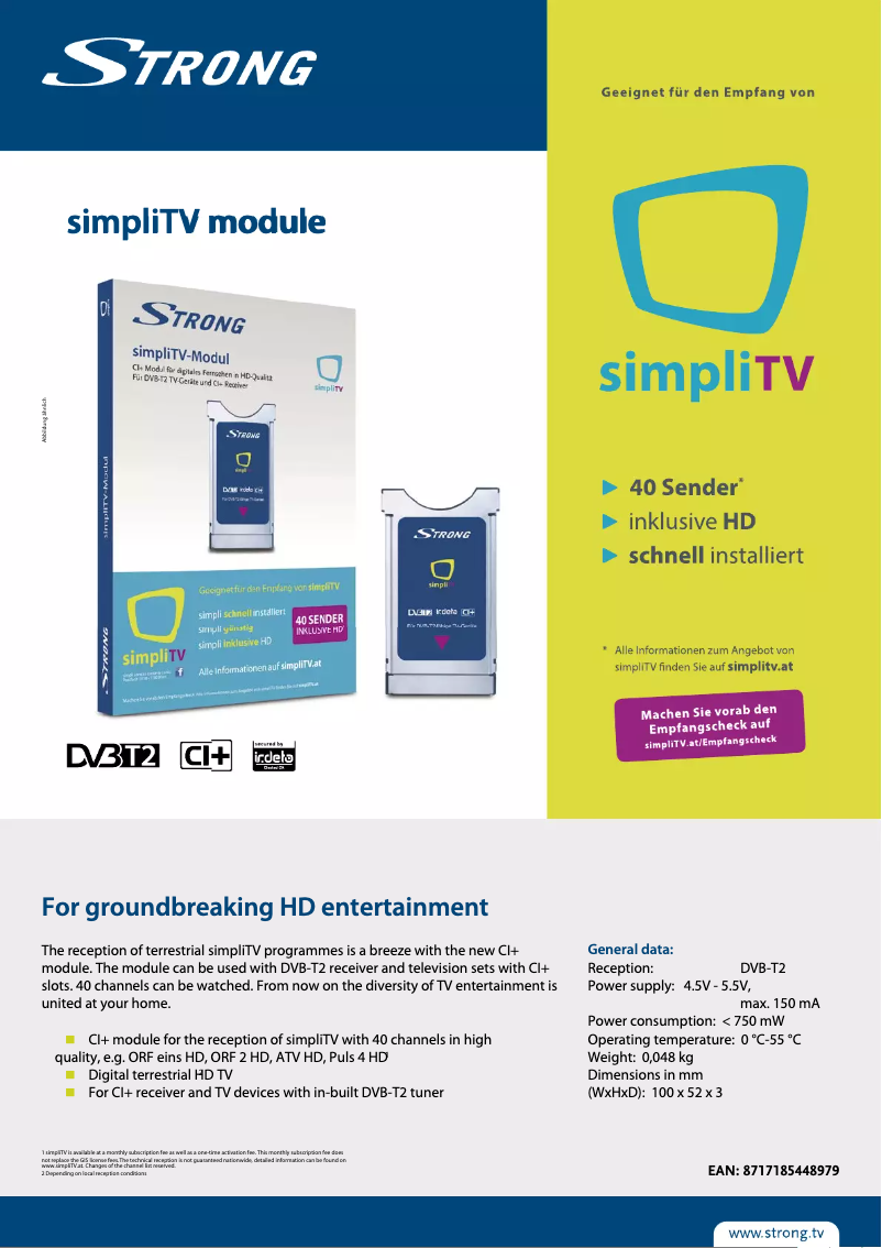 Page 1 de la notice Manuel utilisateur Strong SimpliTV CI+