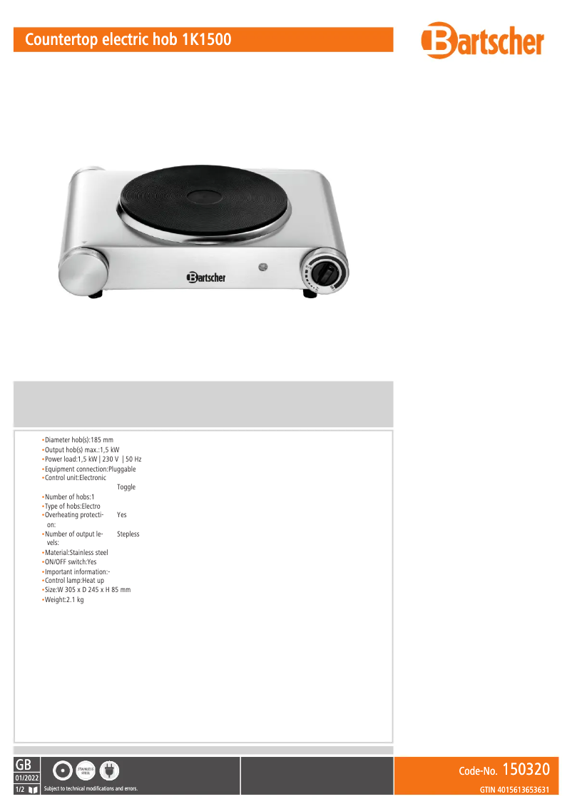 Page n°1 - Fiche technique Bartscher 150320