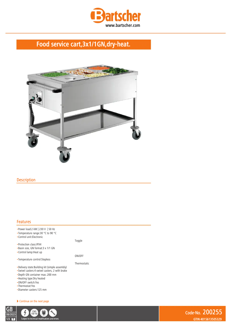 Page 1 de la notice Fiche technique Bartscher 200255