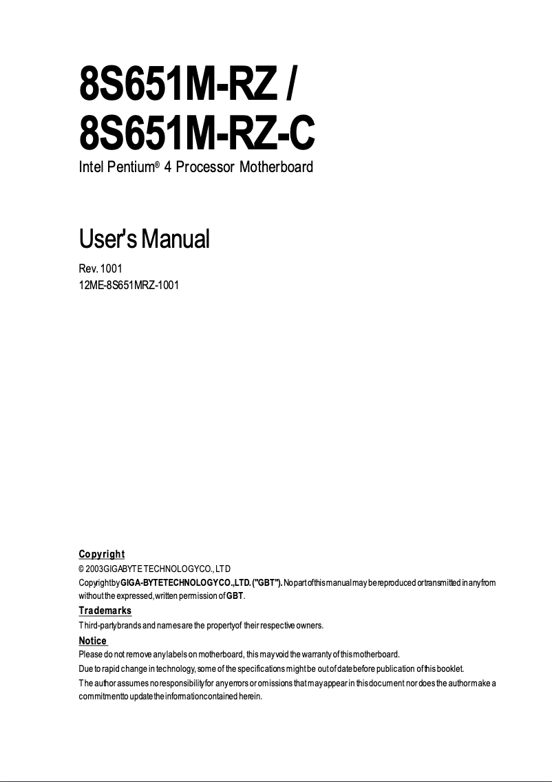 Page n°1 - Manuel utilisateur Gigabyte 8S651M-RZC