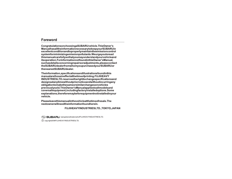 Page n°1 - Manuel utilisateur Subaru Impreza (2009)